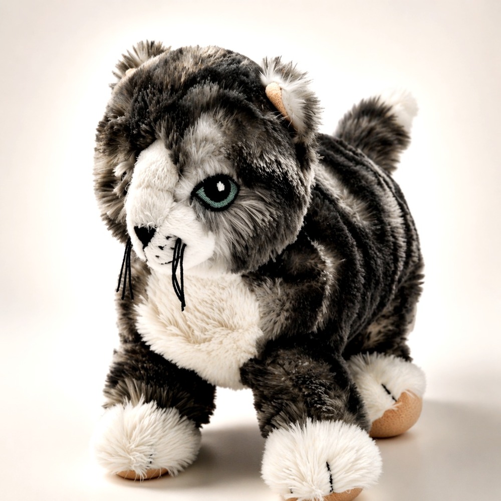 Ikea Lilleplutt Gray White Tabby Cat Plush Stuffed Animal Embroidered 9 inch